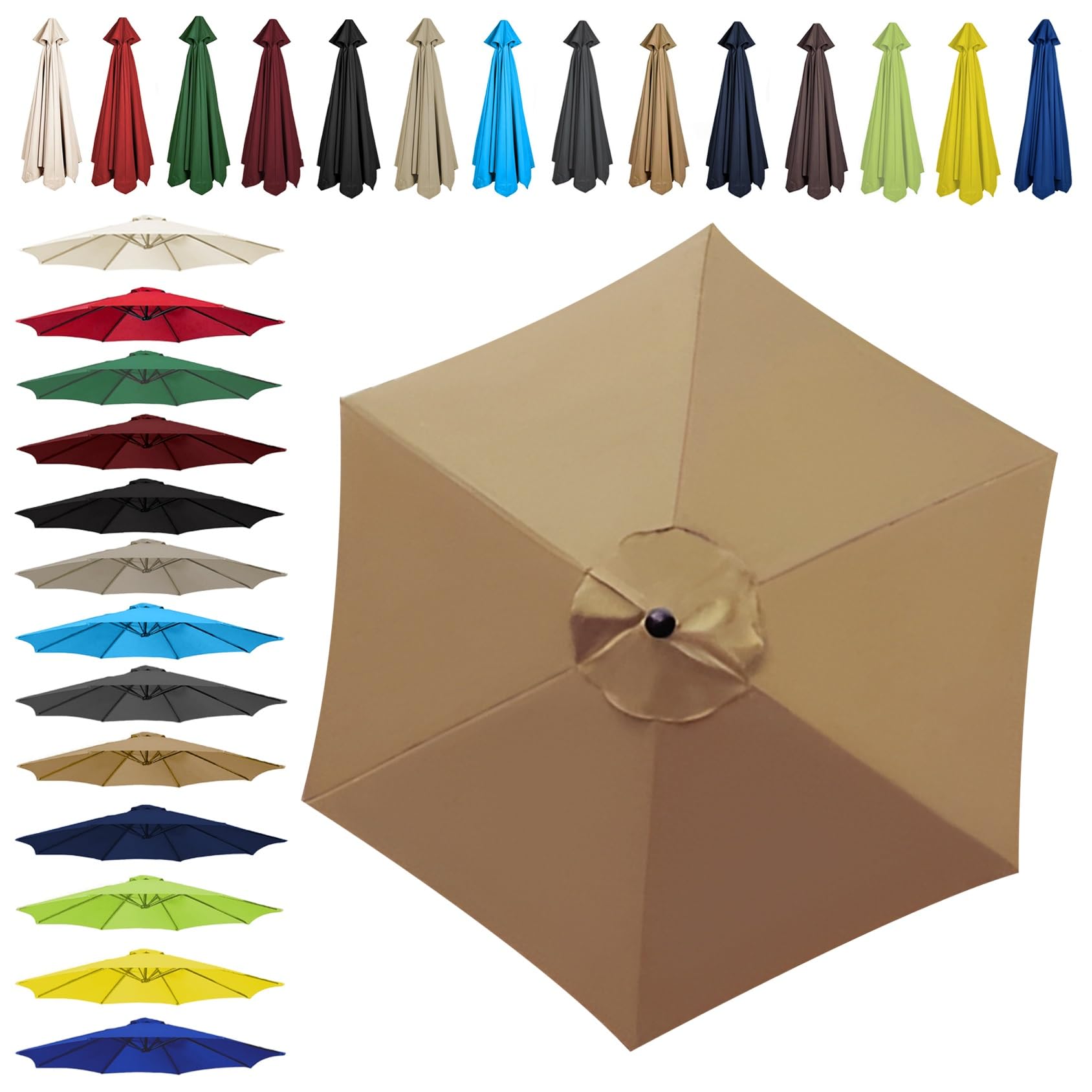 Sun Umbrella Replacement Cloth - 200cm | 2.7m | 300cm (6.5'/8.8'/9.8') - Umbrella Replacement Canopy For 6 Arms/8 Arms, Waterproof UV Protective Polyester Cloth(Color:Khaki,Size:6 ribs-2.7m(8.8ft)) — image 1