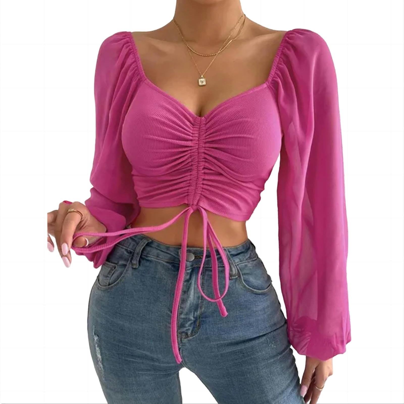 Camicia Donna Elegante Top della Donna Manica di Puff Close-Fitting Estate E Primavera Pizzo su V-Collo di Moda Tinta Unita-Rosso Rosa-s
