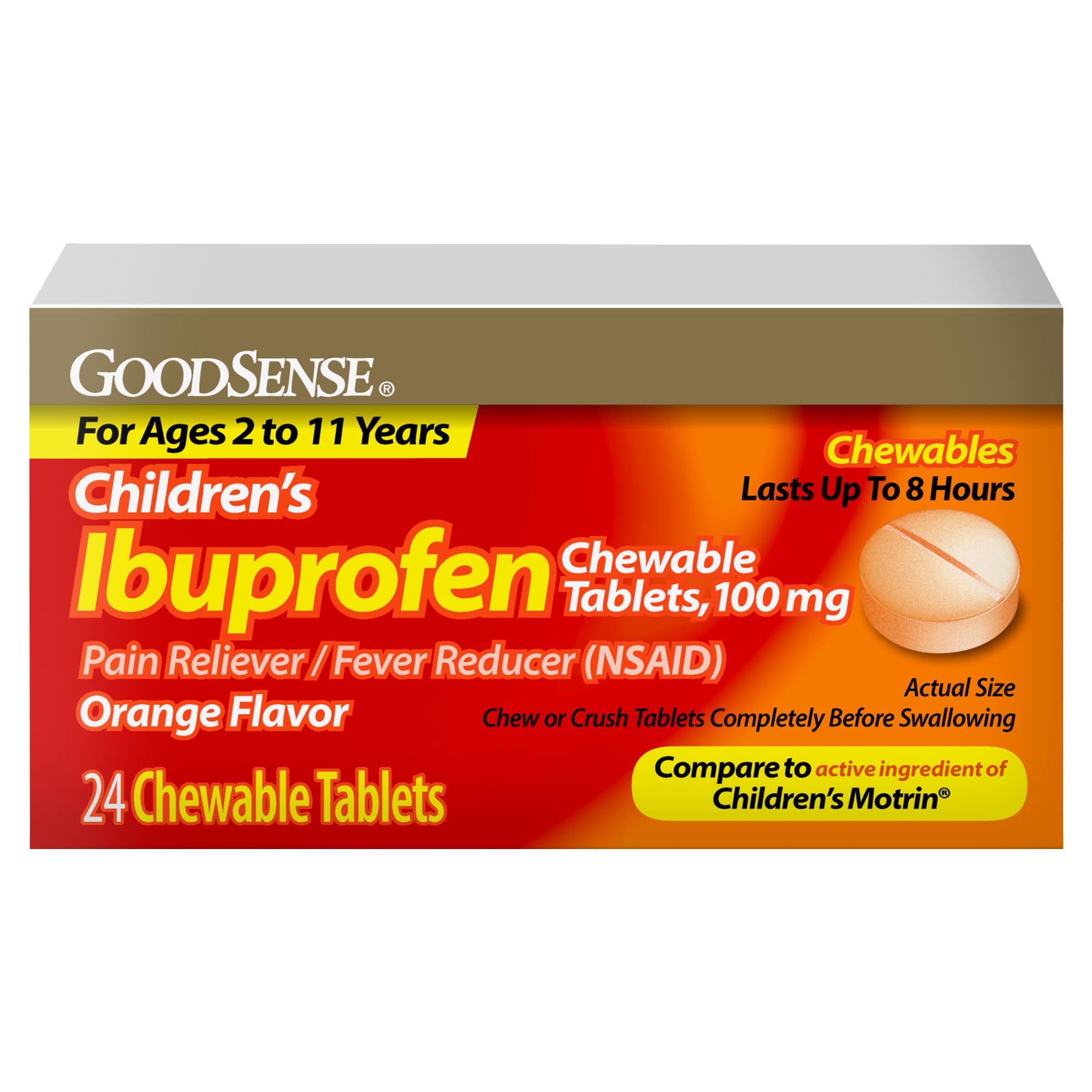 Children's Ibuprofen Chewable Tablets, 100 mg, 24 Count, Pain Reliever and Fever Reducer (NSAID), Temporarily Reduces Fever and Relieves Minor Aches and Pain