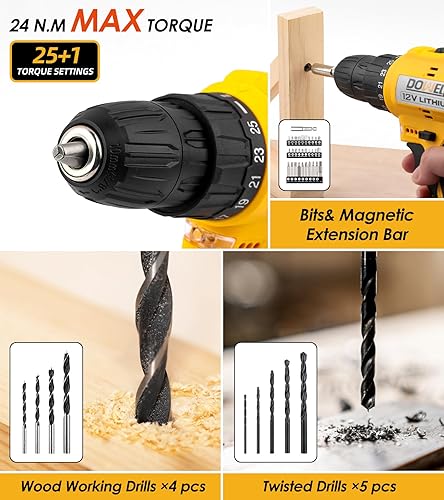 Miniatura 5 de DOWELL Kit de herramientas de 147 piezas con taladro inalámbrico de 12 V con portabrocas sin llave de 38 pulgadas para el hogar, hombres, LED