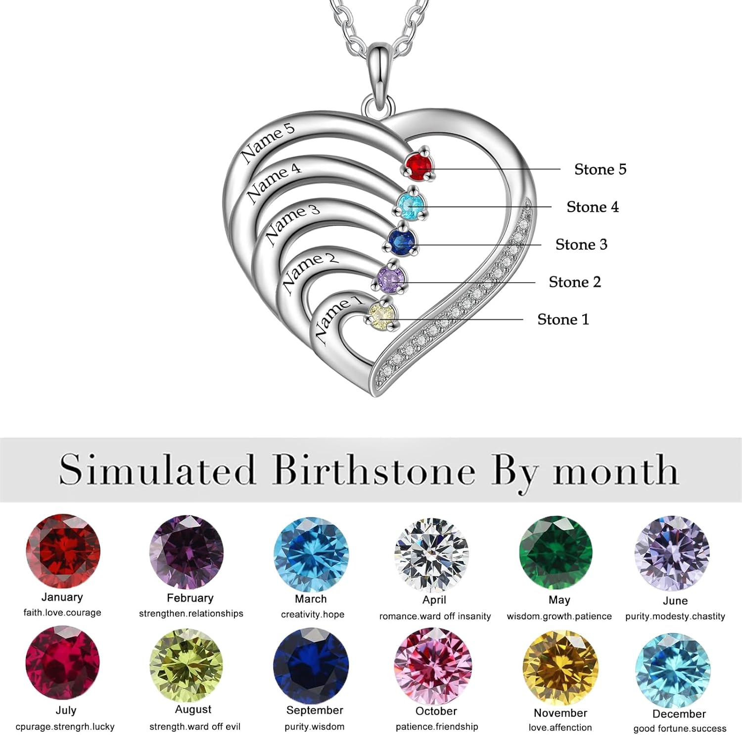 10K 14K 18K Gold Moissanite Personalized Mothers Birthstone Necklace 2~6 Family Birthstone Heart Pendant Necklace Custom Name Birthstone Necklace for Women Birthday