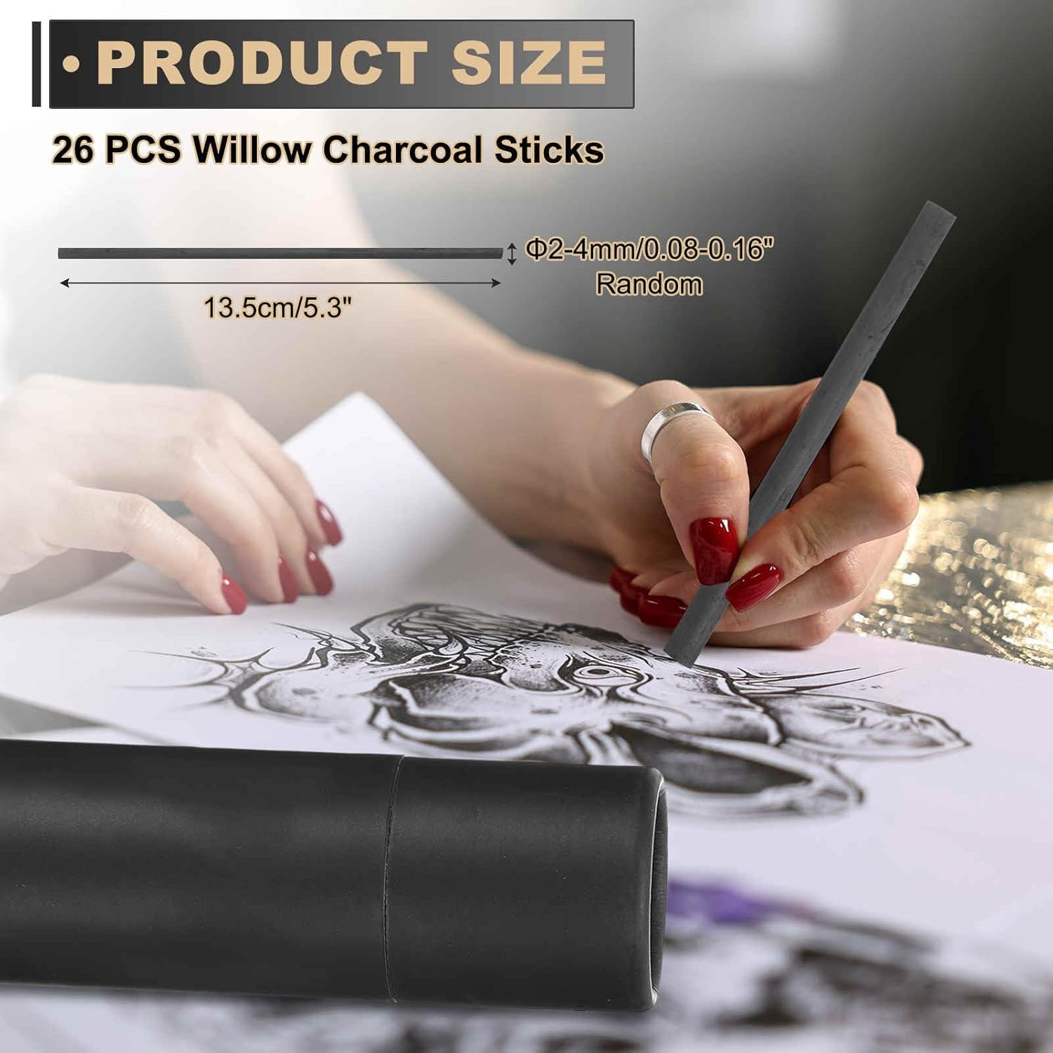 MECCANIXITY Willow Charcoal Sticks, 2-4mm Willow Charcoal Pencils Soft Sketch Vine Art Supplies Set for Drawing Sketching Shading Painting Artists Beginners (Black, Pack of 26)