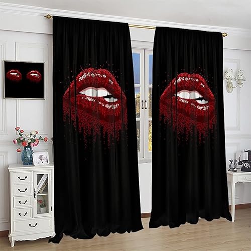 Miniatura 4 de Cortinas de labios rojos y negros con impresión artística para niñas, mujeres, dormitorio, sala de estar, decoración de ventana con bolsillo para