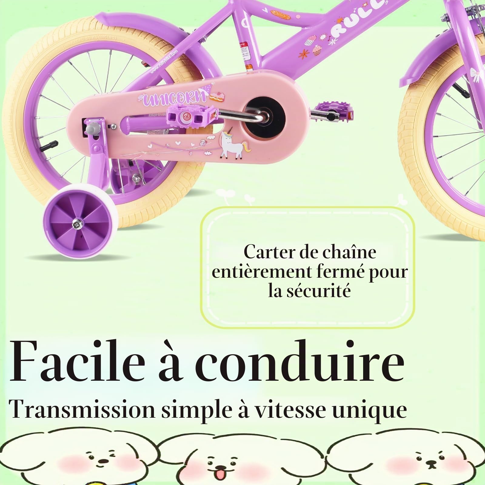 RULLY Vélo Enfant de 16 Pouces pour Filles de 4 à 7 Ans avec Roues stabilisatrices, Frein Avant, Panier, Rubans décoratifs, Violet