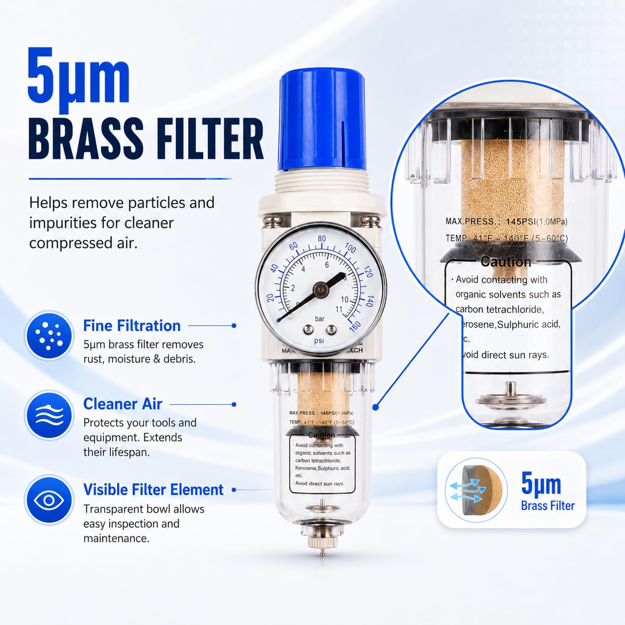 BLCH 1/4" NPT Air Compressor Regulator - Air Pressure Regulator, Air Dryer AW2000-02 Manual Drain Poly Bowl Gauge 0-160 PSI 5μm Brass