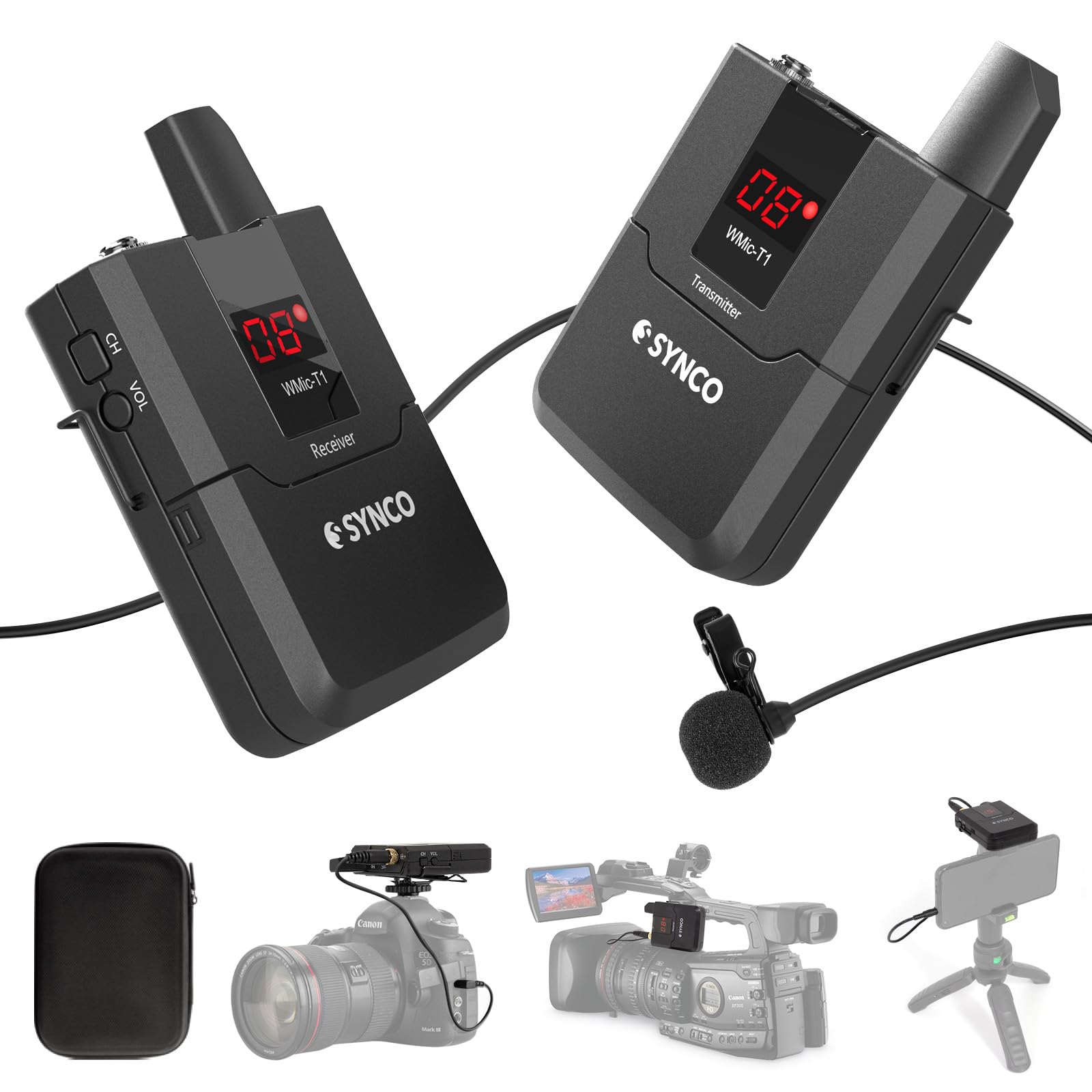 SYNCO Micro Cravate sans Fil système, Wmic T1 UHF Microphone avec émetteur récepteur 16 canaux, pour caméra Caméscope Smartphone iPhone