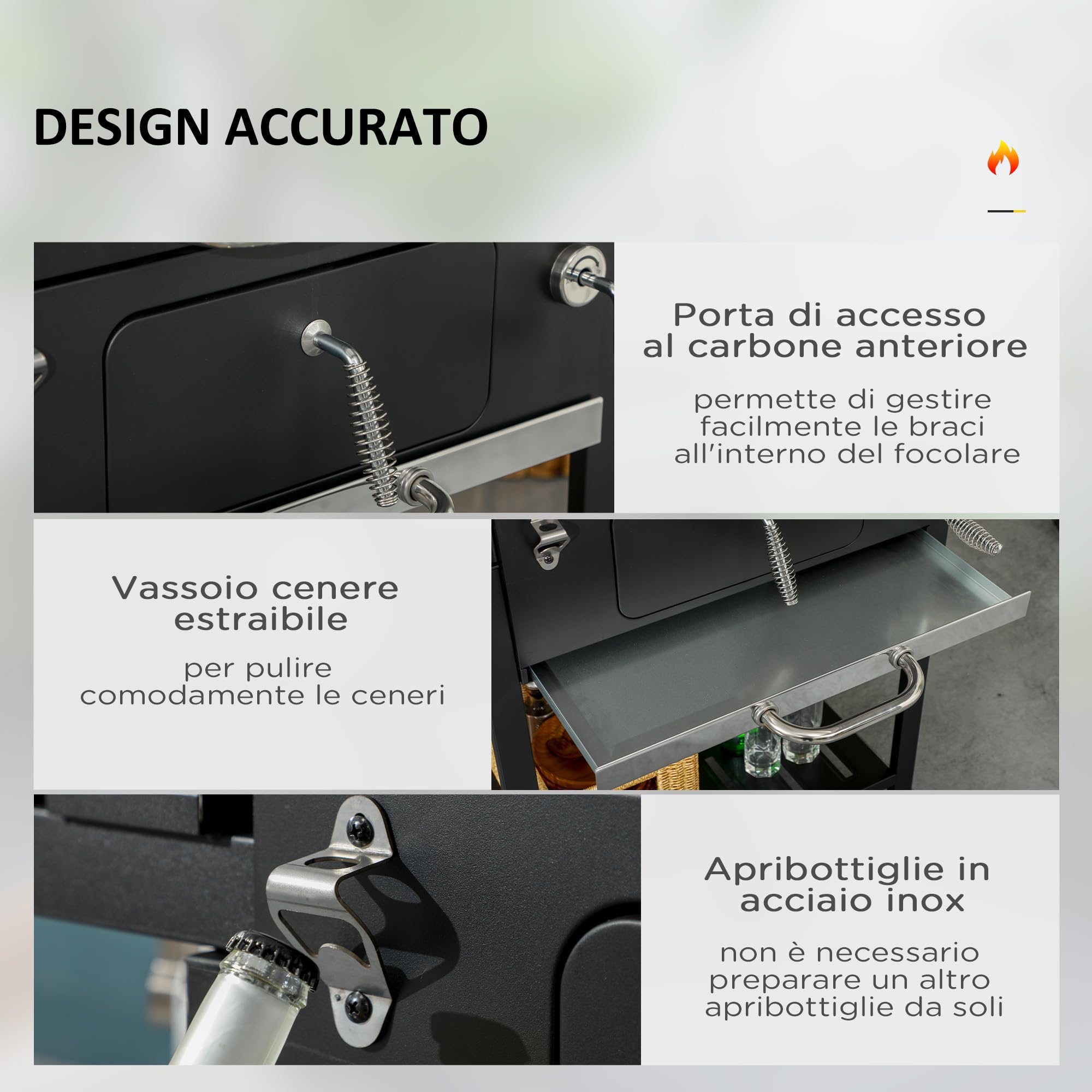 Outsunny Barbecue a Carbone con Griglia Regolabile e Ruote, BBQ con Coperchio, Tavolini Laterali, Termometro e Ripiano Inferiore, Nero