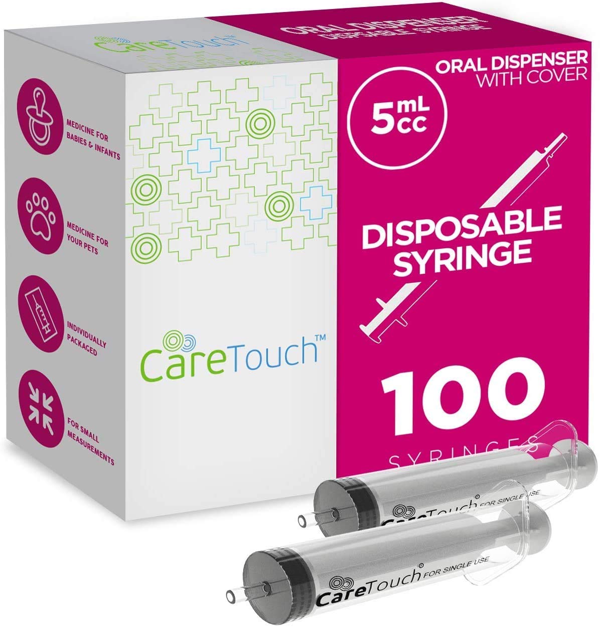 Care Touch 100 Pack 5 ml Syringes Without Needle - Disposable Oral Syringe with Luer Slip Tip -