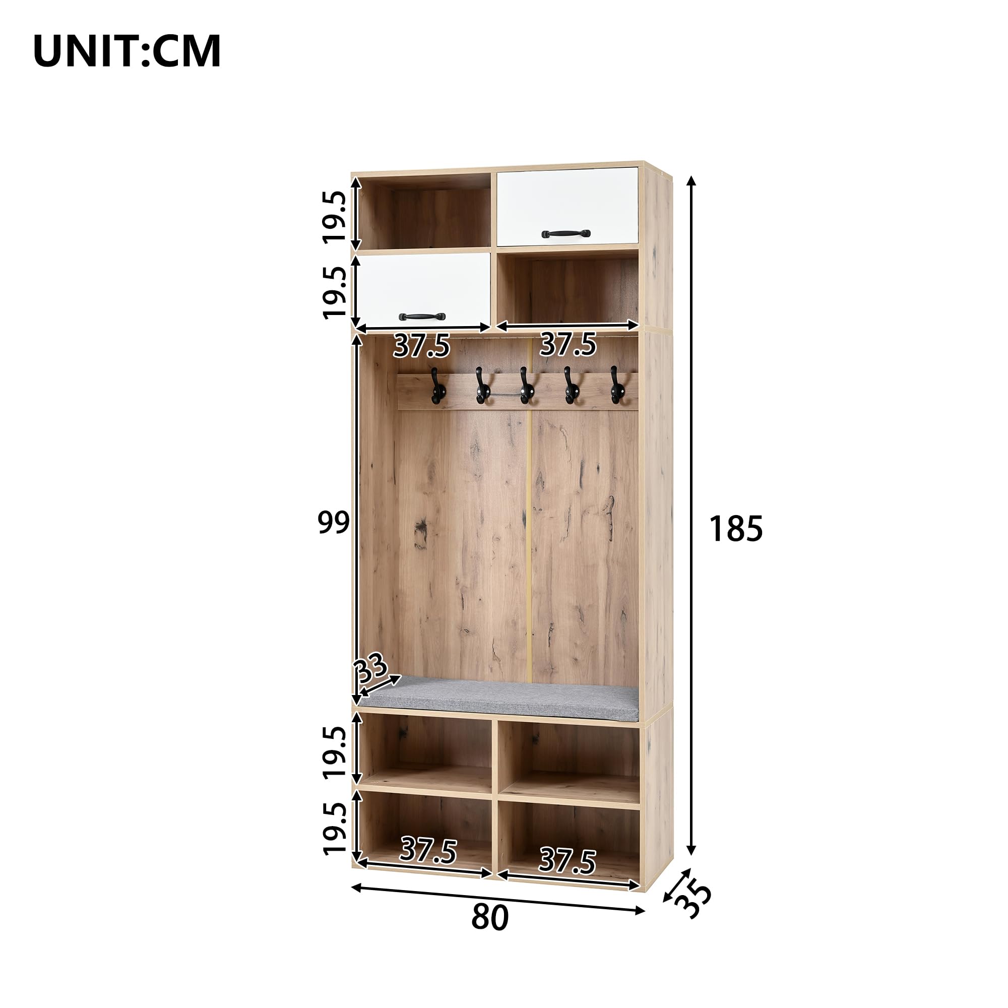 Garderobenset, Komplett-Set Flurgarderobe mit Sitzbank, 5 Haken, 2 Türen & 6 Offener Lagerraum - Naturholzfarbe und Weiß, 80×185×35 cm