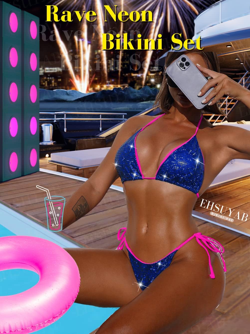 Pool Party Glitter Bikini, Neon Strap, Padded 2Pc Swimsuit Boudoir Shoot - Image 2