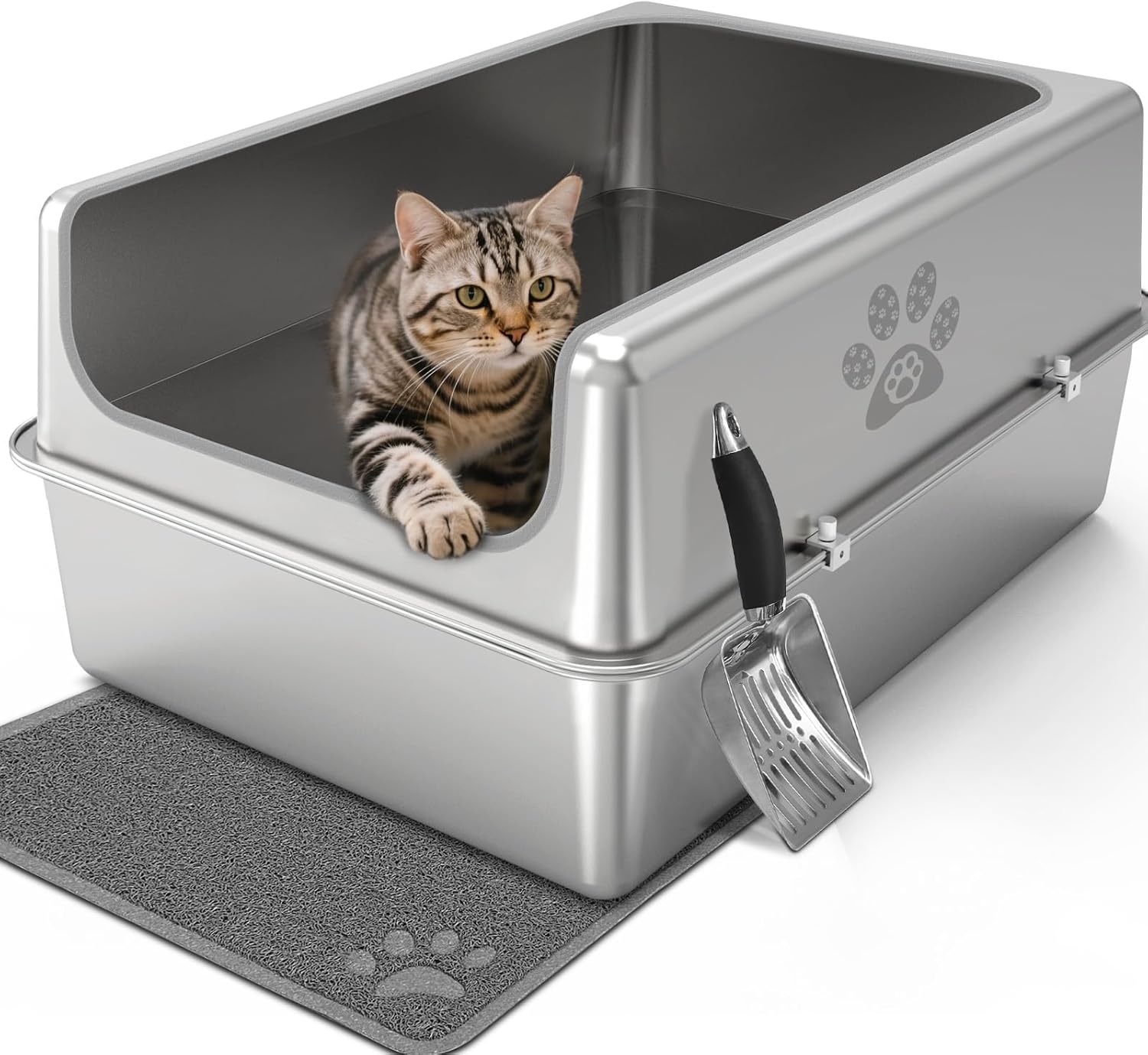 Photo 1 of Enclosed Stainless Steel Cat Litter Box with Lid, Oversize Metal Litter Box for Multi Cats, XXXL Supersize Cat Toilet with High Side, Non-Stick, Anti-Leakage, Odorless, with Litter Mat & Litter Scoop