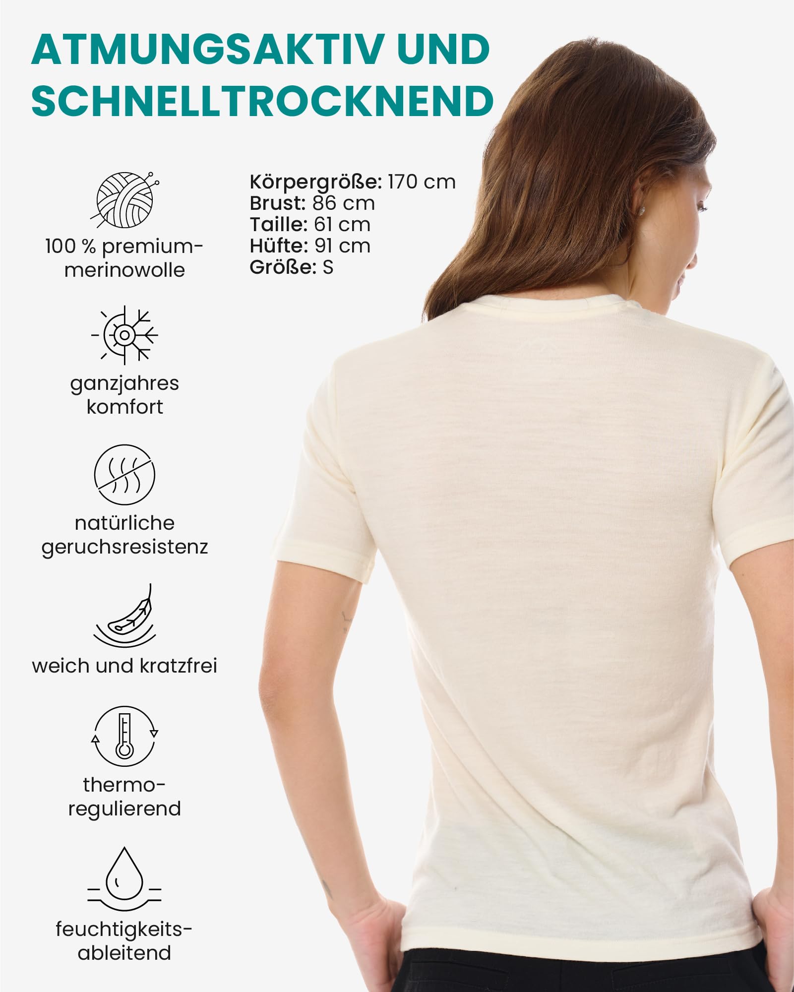 Merino.tech 100% Merino Shirt Damen Wandern & Alltag + Wandersocken (Large, Creamy White)