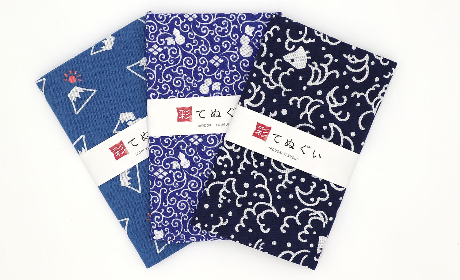 Set of 3 Blue Tenugui Japanese Cotton Hand Towel Komon Made in Japan