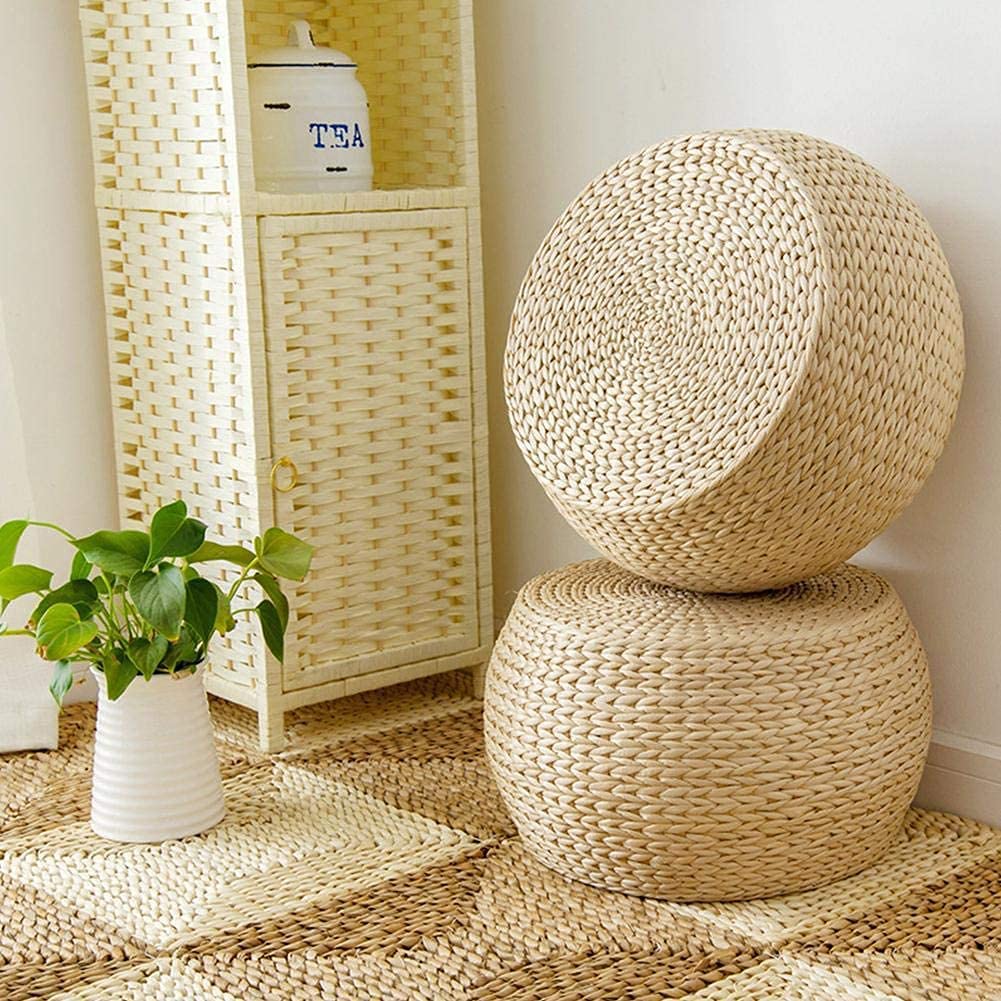 Round Straw Weave Seat Mat, Handmade Chair Cushion, Rattan Weave Pouf Footrest, Country Style Solid Wood Frame for Garden, Dining Room, Living Room Decor, Terrace(32x22cm)