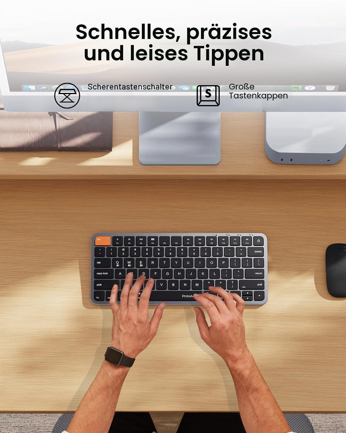 ProtoArc Kompakte kabellose Tastatur mit Hintergrundbeleuchtung für Mac, K90-A Bluetooth-Tastatur, Multigerät, Low Profil, leises Schreiben, wiederaufladbar über USB C, kompatibel mit MacBook Pro/Air