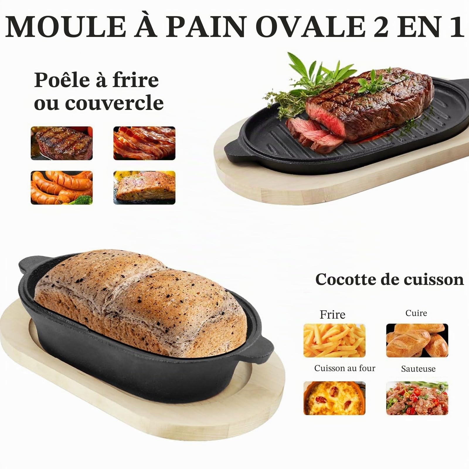 Casserole 2 en 1 en Fonte Ovale 28 cm - Pour Cuisson à la Vapeur, Grill, Soupes et Pain - Four avec Couvercle Intégré