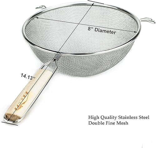 Miniatura 2 de Huji Colador de alimentos de malla doble de acero inoxidable de 8 pulgadas con mango de madera para cocina, fideos de arroz y pasta (paquete de 3)