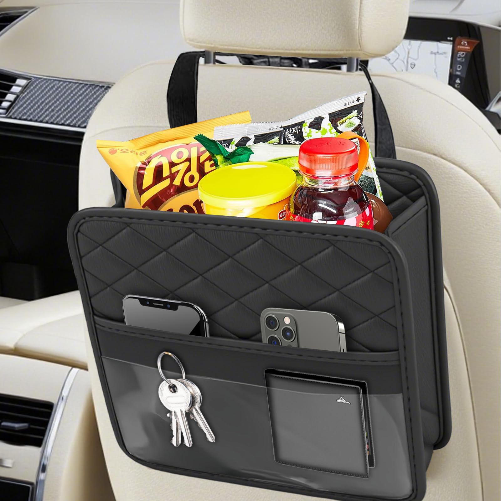 Car Seat Back Organizer,Leather Seatback Hanging Bag Large Capacity,Waterproof Car Seat Organizer,Foldable Seatback Storage Bags for Documents Cups,Multi-Pocket Bottle Bag Storage Box for Most Vehicle