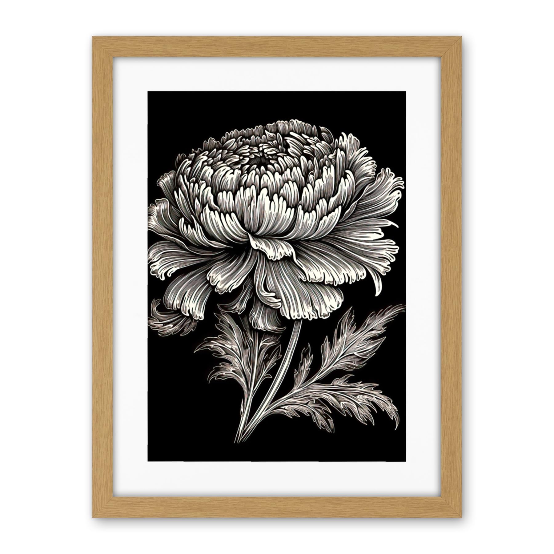 Artery8 A Single Marigold Flower Black and White Linocut Artwork Framed Wall Art Print 18X24 Inch