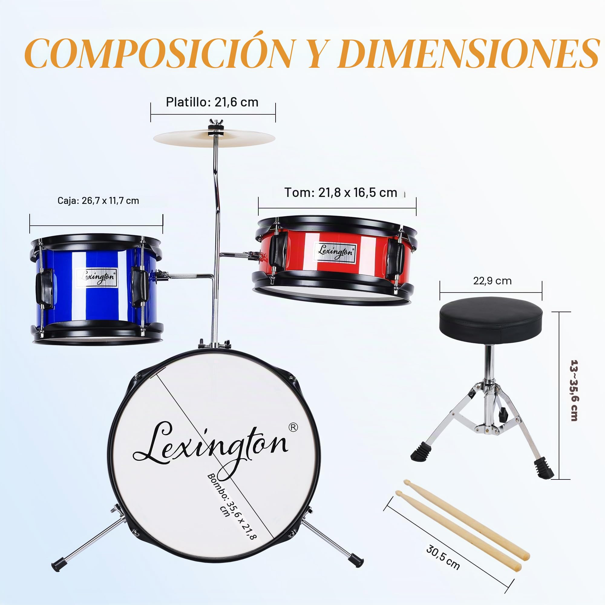 Lexington Batería infantil de 3 piezas, juego de batería para niños con caja, tom, bombo, pedal de bombo, trono, platillos, baquetas, negro, azul, rojo
