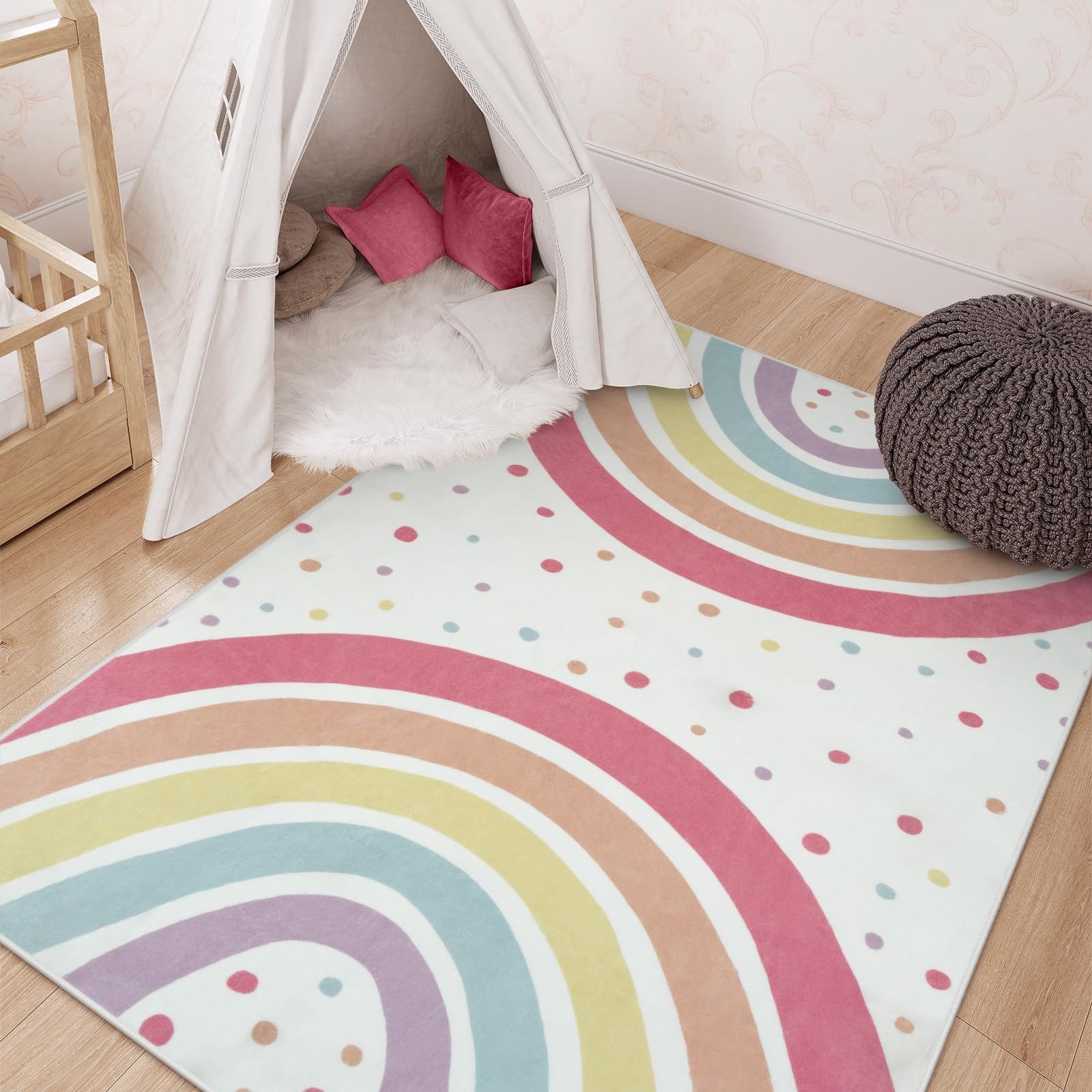 AAFUOO Alfombra de arcoíris para guardería, Alfombra Infantil con diseño de Lunares, Antideslizante, Lavable, para habitación de niñas, Aula, Sala de Juegos, Tienda de campaña, 90 x 180 cm