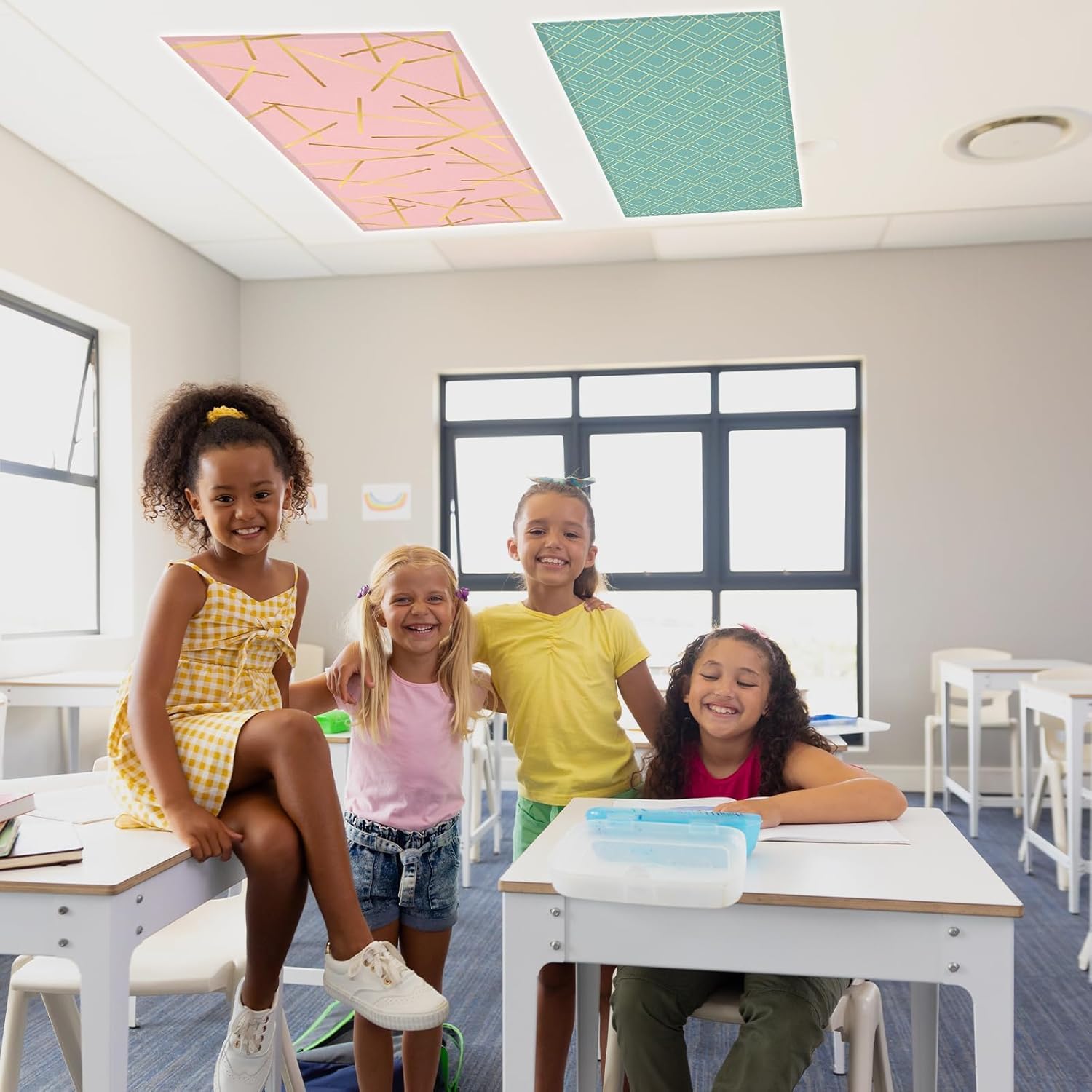 QOUBAI 8PCS Fluorescent Light Covers, 4x2 Feet Magnetic Light Cover Fluorescent Lights Shade Panel Positive Inspirational Ceiling Lights Filters for Office Classroom Home Drop Ceiling Geometric