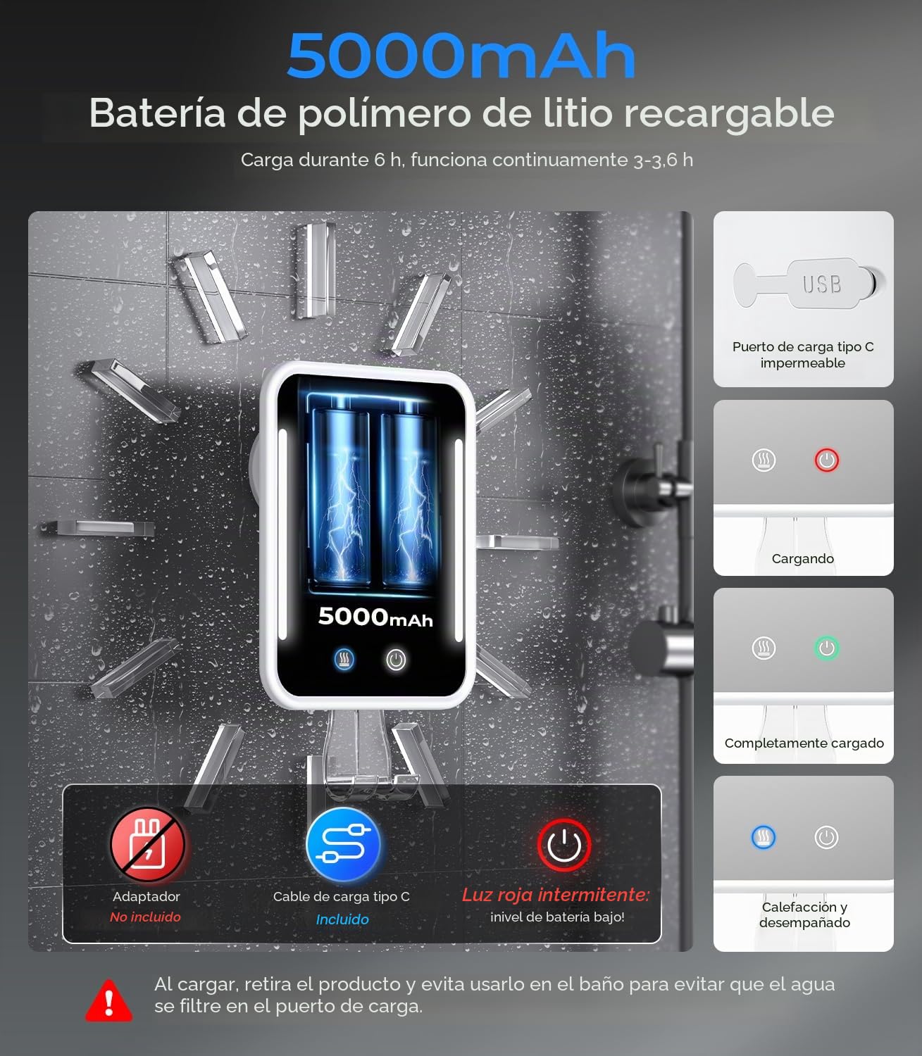 Gospire Espejo de Ducha con calefacción sin Niebla para afeitarse con luz, batería Recargable de 5000 mAh, Ventosa Desmontable y Soporte para maquinilla de Afeitar para Pared, sin perforación