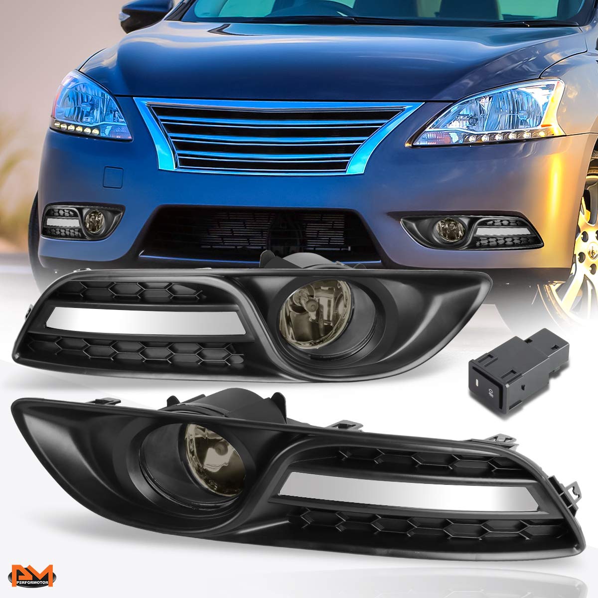 PM PERFORMOTOR Front Bumper Fog Lights Lamps w/Switch Compatible with Sentra 4-Dr Sedan 13-16,Smoked Lens
