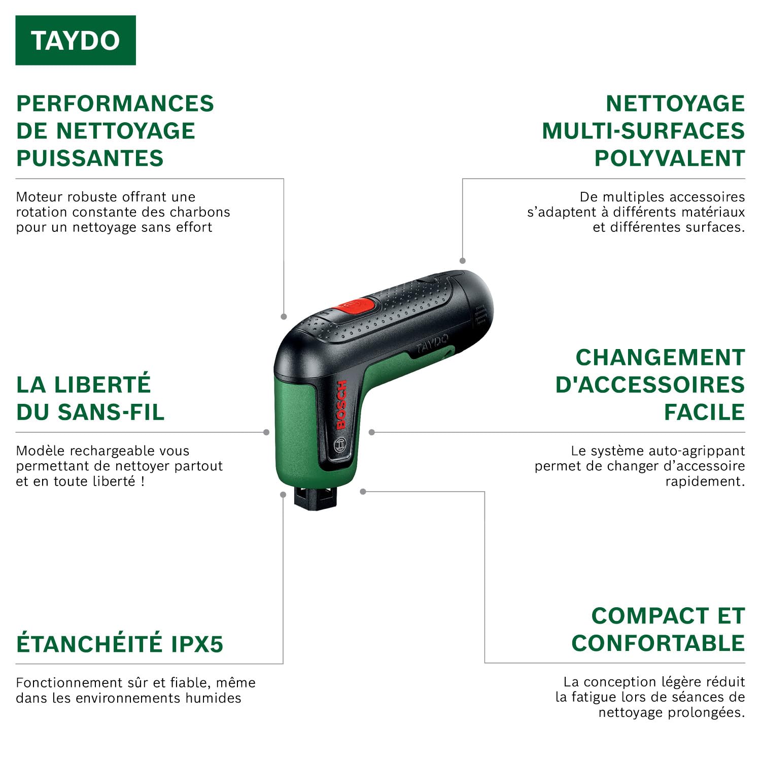 Bosch TAYDO Brosses électriques sans Fil (UniversalBrush 4V) (INCL. kit Complet de 12 Accessoires et Sacoche Souple, en boîte en Carton)