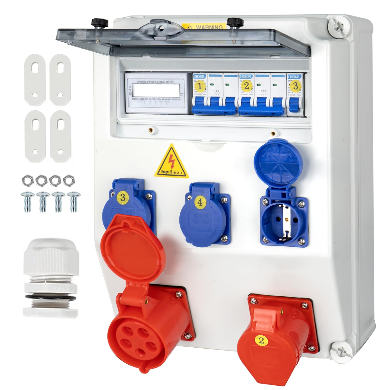 Baustromverteiler,IP65 Wasserdicht Stromverteiler mit Leitungsschutzschalter und Stromzähler,Wandverteiler mit IP54 230V/16A Schuko Steckdose und 380V/16A CEE Steckdose,Ramped Socket Box