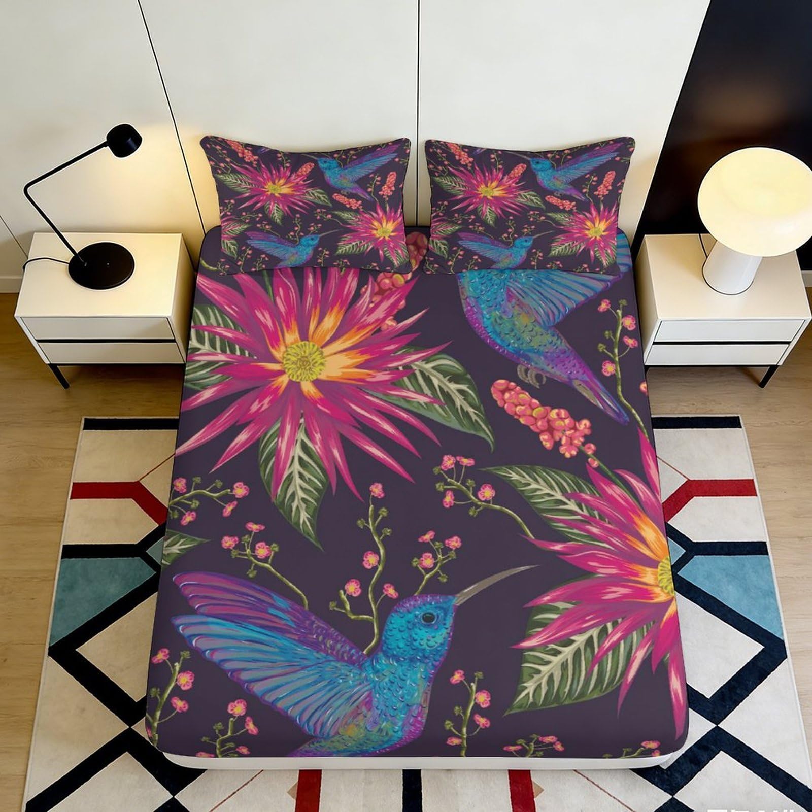 3D Printed Hummingbird Floral Fitted Sheet Microfiber Purple Mattress Cover for Bedroom Guest Room Decor Protection 140x200x25cm