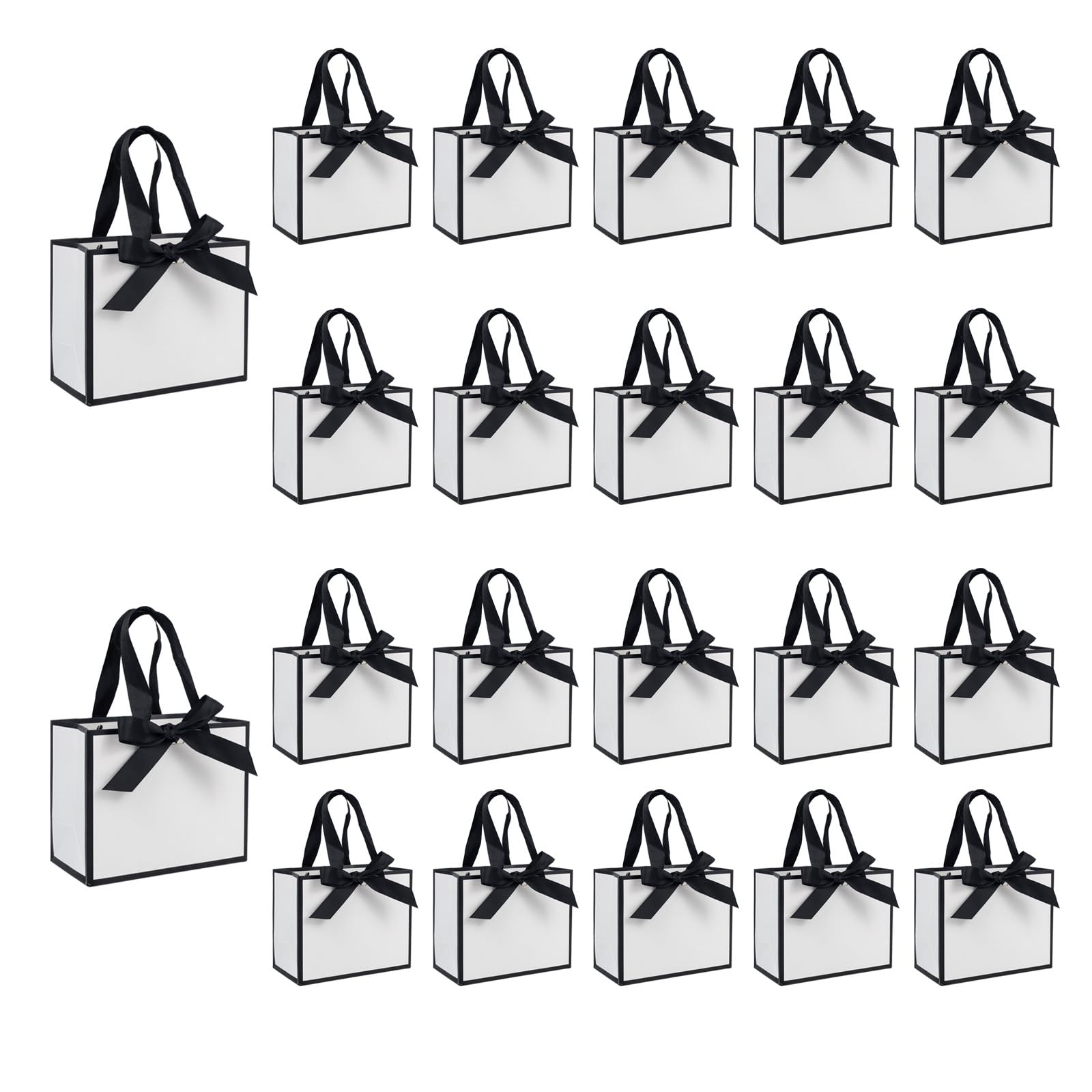 TKSBAG 50 PCS Small White Black Gift Bags with Handles, 6.4×3.1×5.1 Inch Thank You Bags with Bow Ribbon for Baby Shower, Bridal Shower, Wedding, Party Favors, Mother's Day