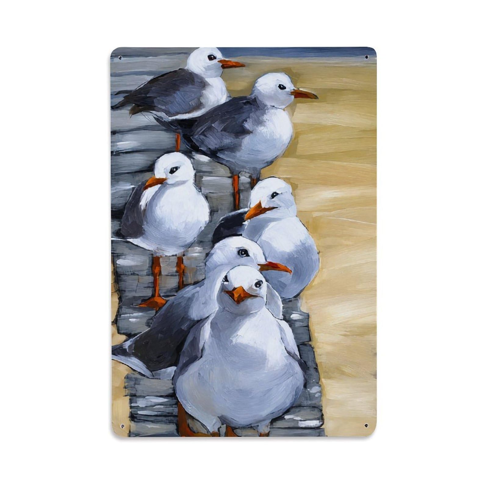 Portrait Wildlife Animal Coastal Seagulls Beach Cityscape Metal Tin Sign Plaque Wall Decor for Cafe, Man Cave, Club Bar, Office, Home Garden Round Metal Poster 8x12Inch