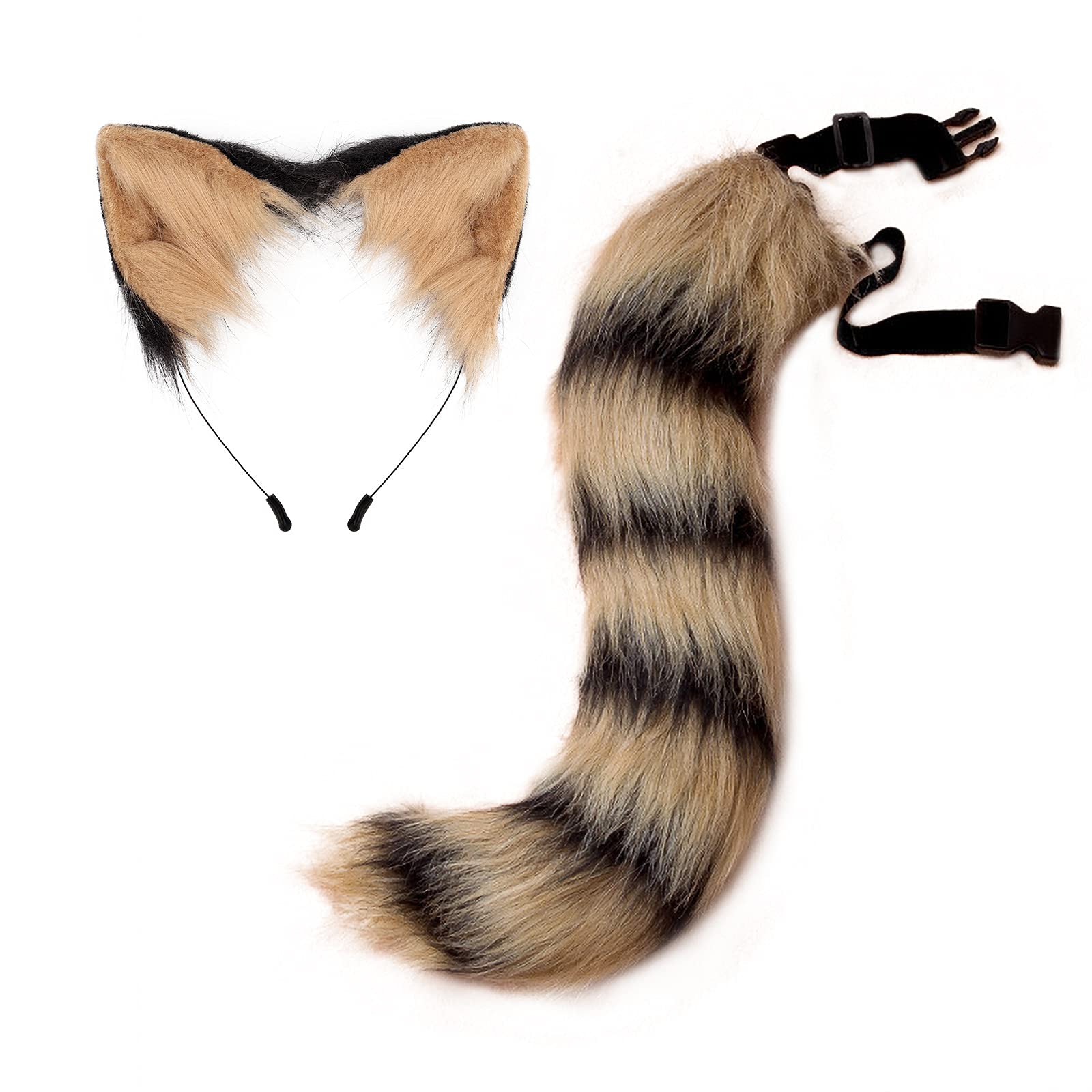 Faux Fur Raccoon Tail and Ears Set Animal Cosplay Easter Costumes Khaki/Black