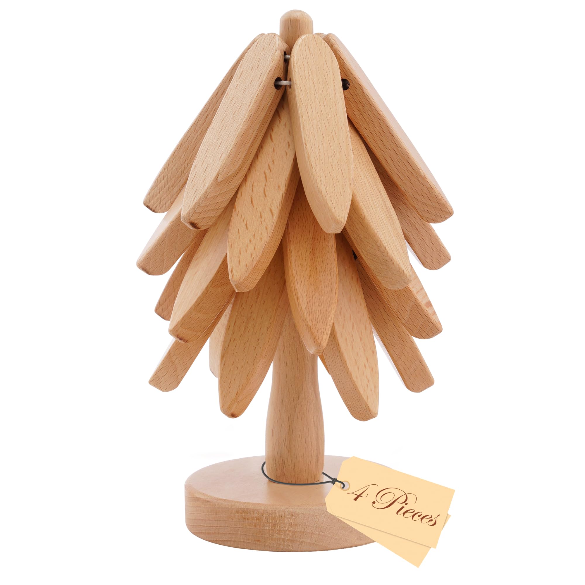 Wooden Tree Trivets for Hot Dishes, 3 Wooden Trivet + 1 Stand Natural Wooden Coaster for Hot Dishes, Pot, Bowl, Teapot, Hot Pot Holders, 3 Foldable Christmas Tree-Shaped Trivets