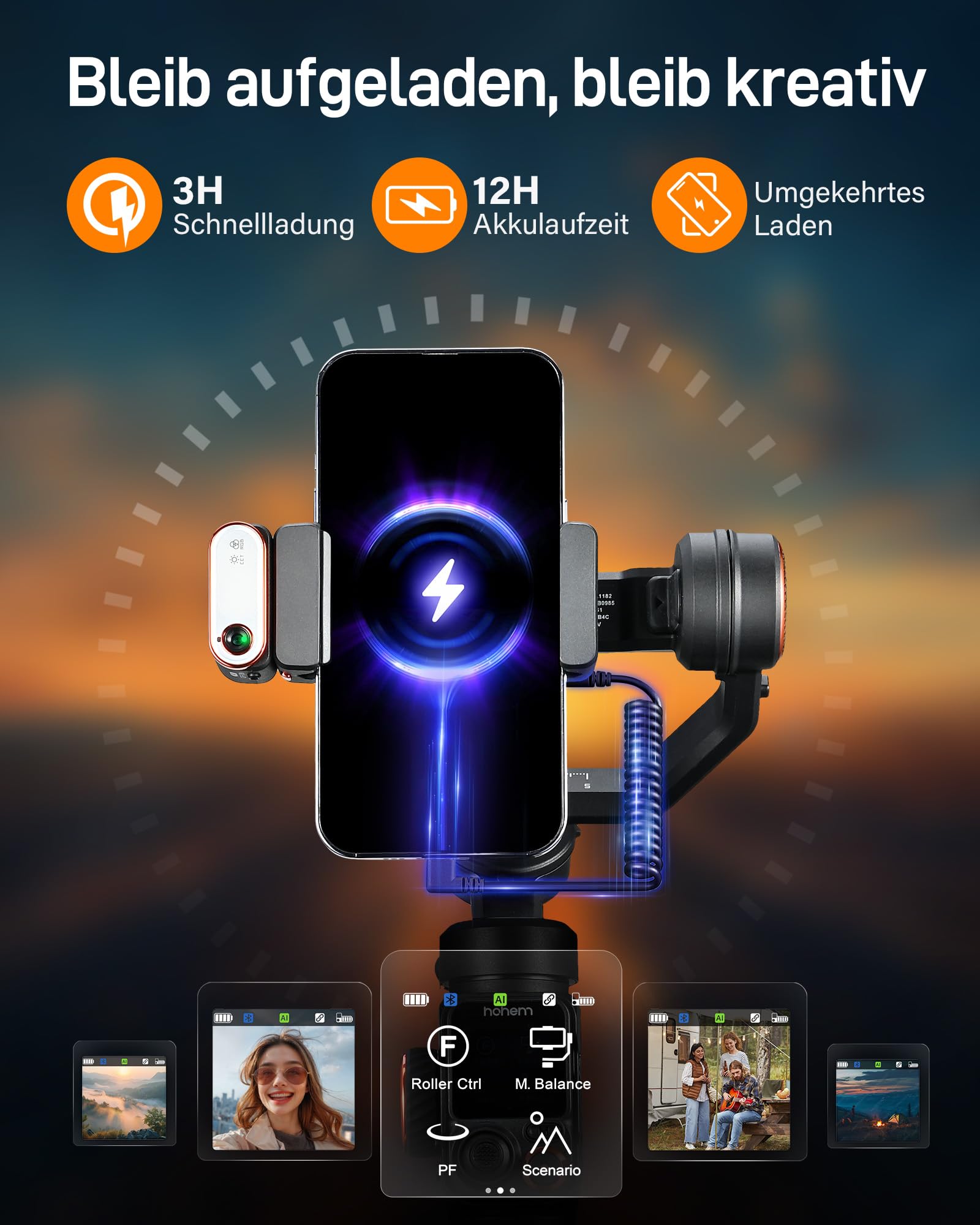 hohem iSteady M7 Gimbal Smartphone mit AI-Tracker, Gimbal Stabilisator für Phone, 1,4 Zoll Abnehmbarer Touch-Fernbedienung, Eingebauter Verlängerungsstab, Fülllicht, für Video, YouTube
