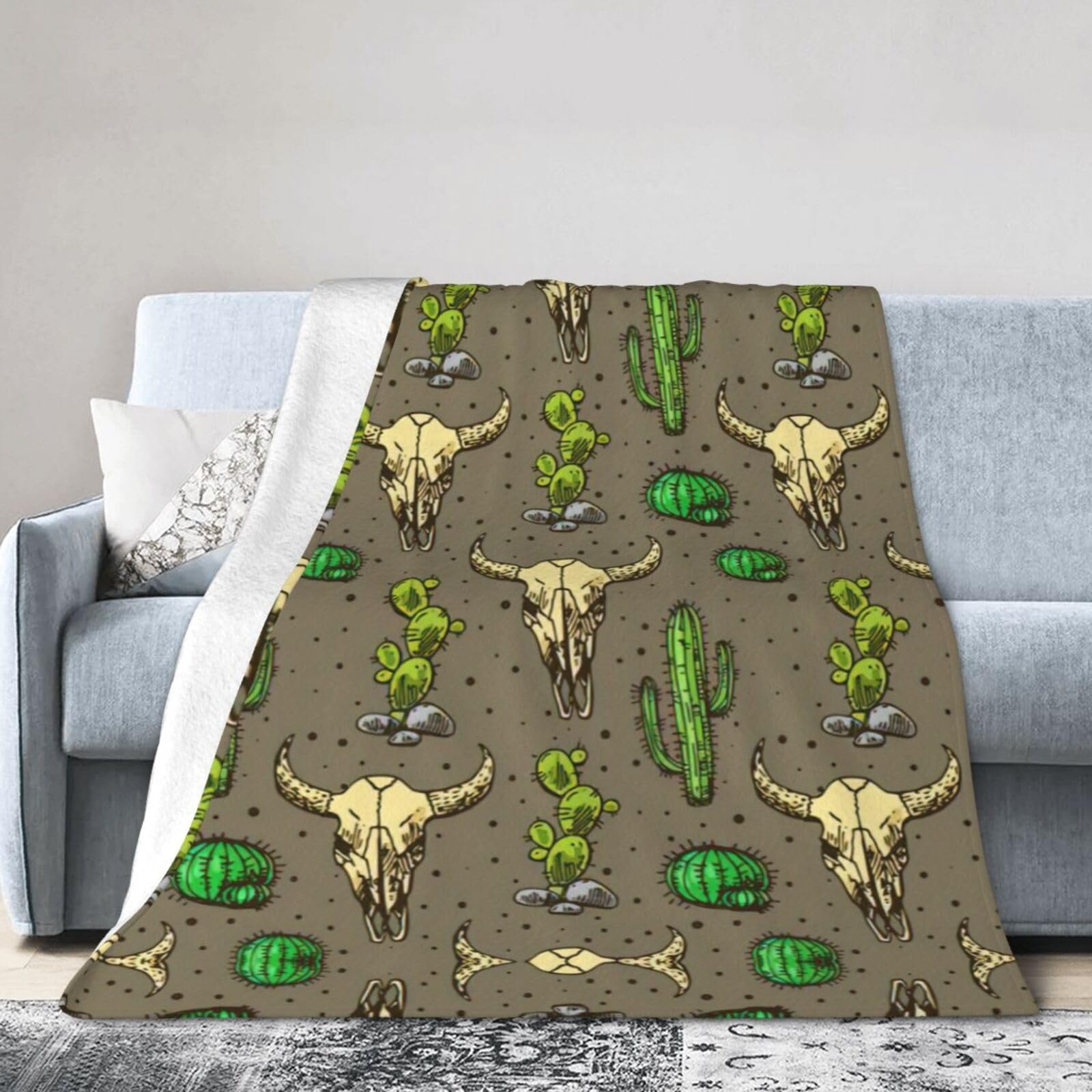 Soft Cosy Fleece Warm Throw Skull Of Bull And Cute Cactus Print Blanket
