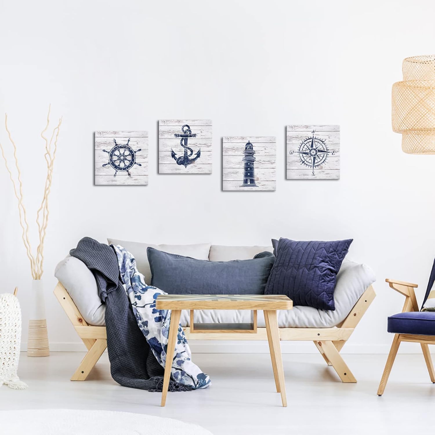 LoveHouse Nautical Canvas Wall Art Nautical Bathroom Decor Navy and White Lighthouse Decor Boat Anchor Compass Painting Pictures Prints