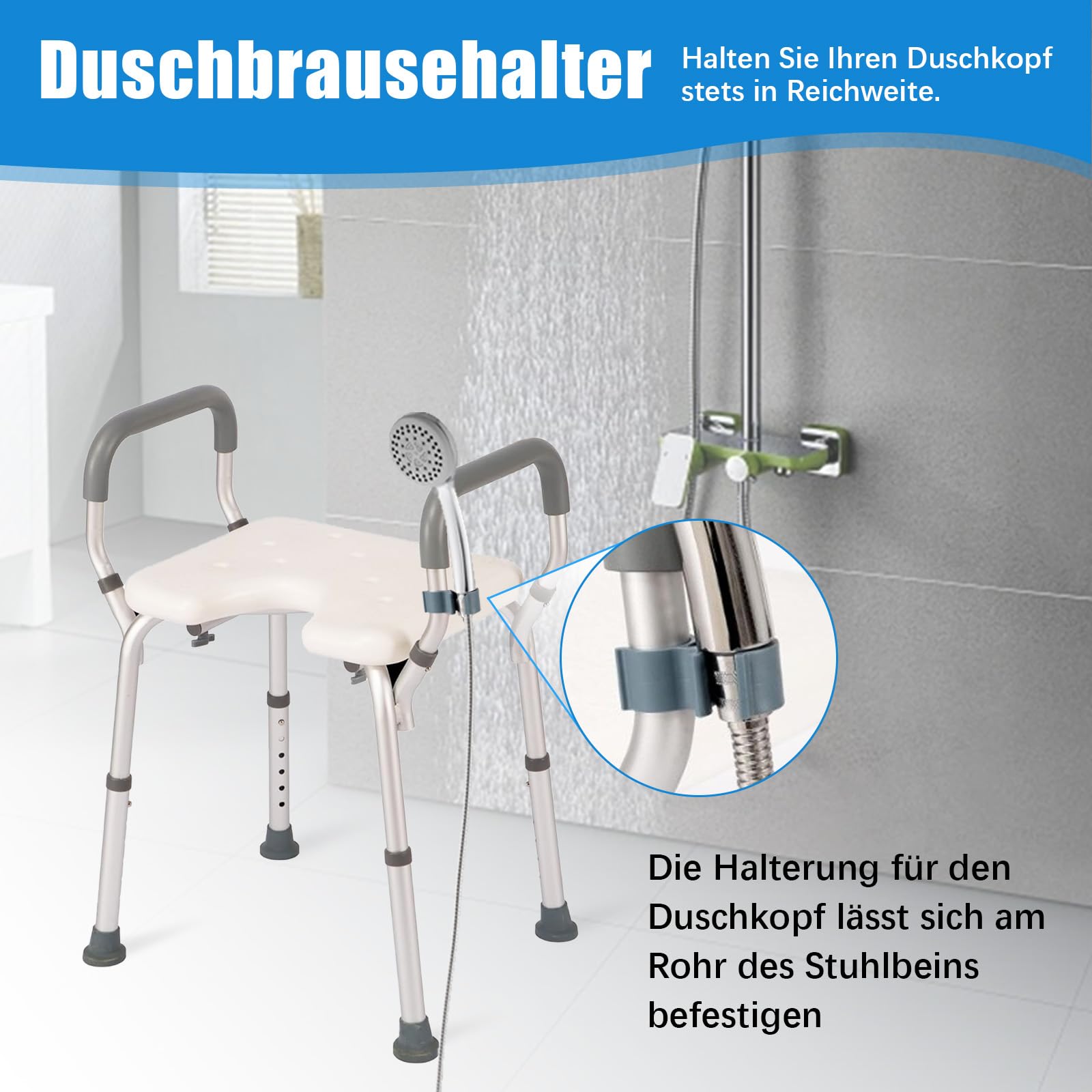 Duschhocker für Senioren, 6-stufig höhenverstellbarer Badewannenhocker mit Armlehnen & U-Sitz, Rutschfester Aluminium Duschstuhl mit Eva-Polster, 38-67cm, 150kg Tragkraft für barrierefreies Baden