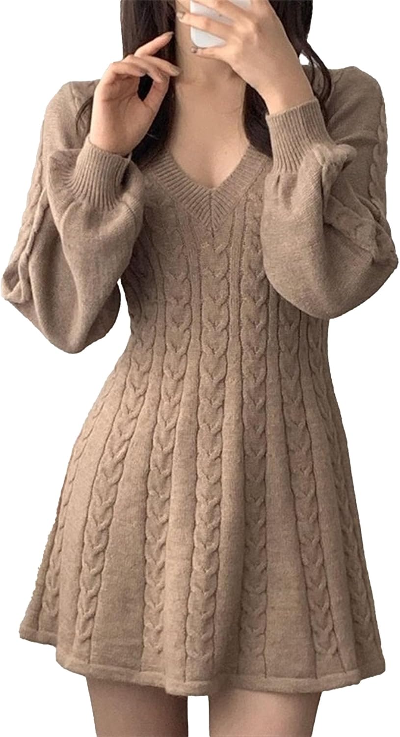 Women's V Neck Ribbed Knit Midi Dress Casual Chunky Cable Pullover Dress Long Sleeve Elegant Bodycon Sweater Dress