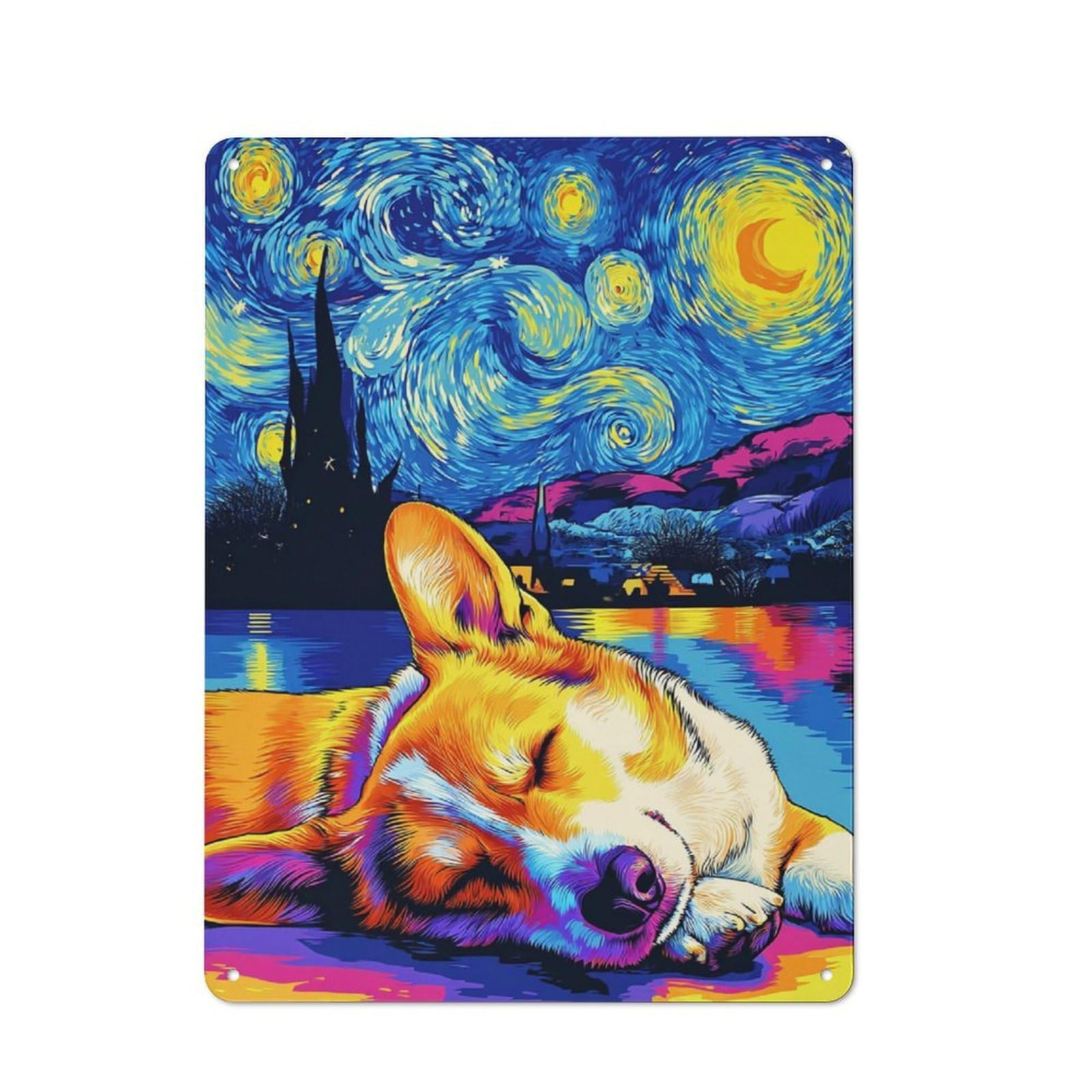 Junmoney Starry Night With Corgi -1 Rustic Metal Sign 40X30cm For Hobby Room Or Studio, Suited To Hobby Room Decor Fans