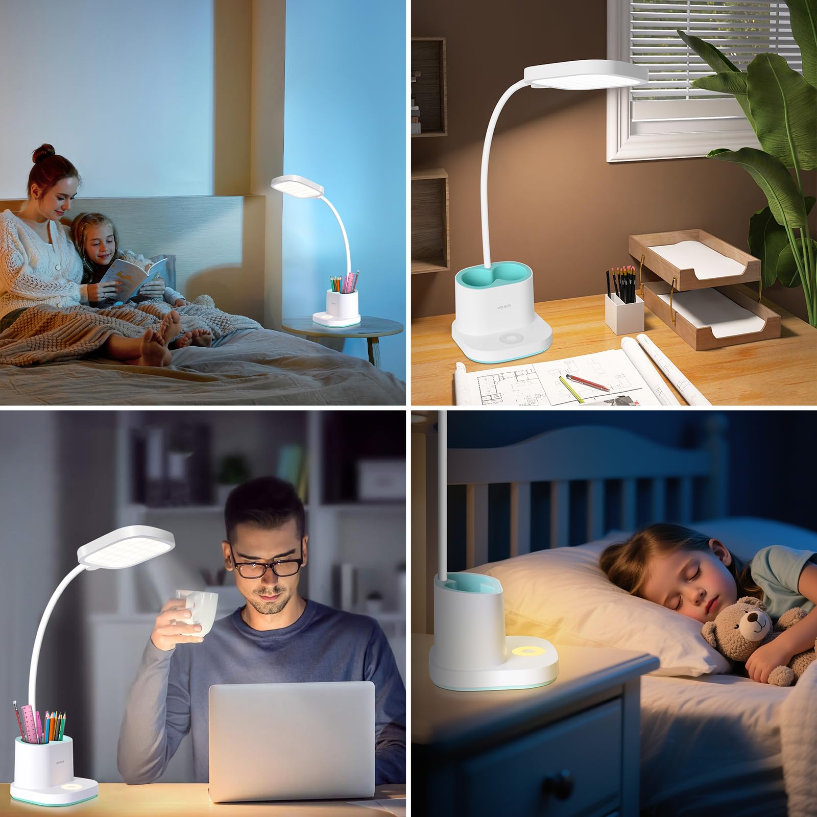 Lampada da Scrivania Ricaricabile 2400mAh, 3 Livelli Luminosità | Collo Flessibile 360°, Portapenne e Luce Notturna, Lampada da Tavolo Senza Fili per Camera da Letto, Studio, Bambini, Bianca