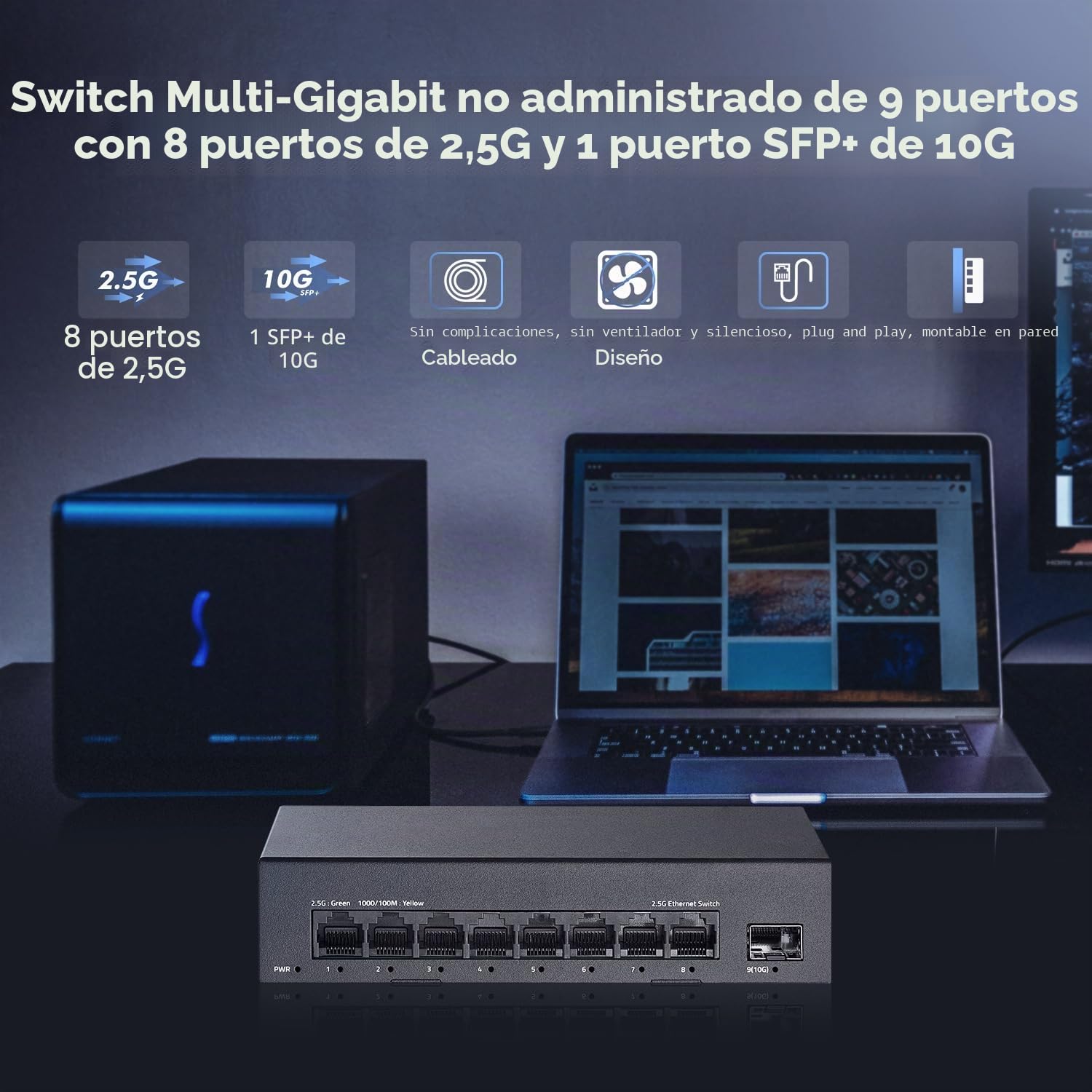 Switch de 8 puertos 2.5G, 8 puertos 2.5GBASE-T con 10G SFP+, capacidad de conmutación de 60 Gbps, switch de red no administrado YuLinca Plug & Play sin ventilador