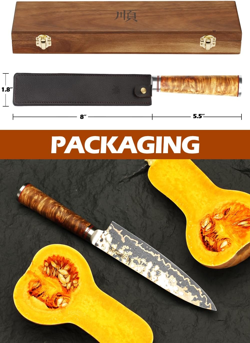 YOUSUNLONG Chef Knife - 8'' Blade Japanese Handmade Copper Damascus Steel - Professional Chef's Knife - Razor Sharp Slicing Knife - Naturel Burl Wooden Handle with Leather and Acacia Wood Box