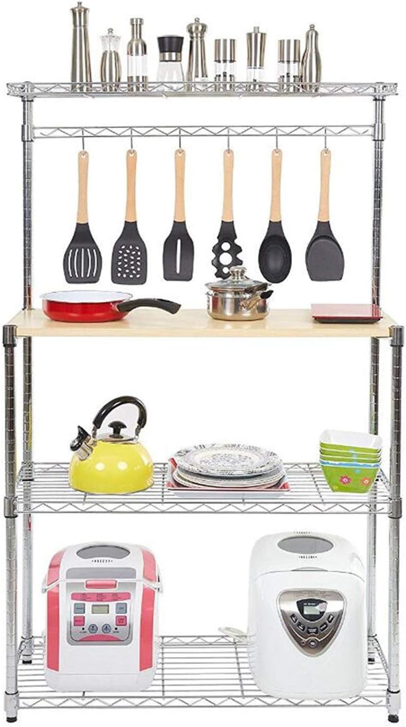 4-Tier Industrial Microwave Stand,Kitchen Baker's Rack with 6 Hooks,Kitchen Storage Shelf Rack for Spices, Pots and Pans
