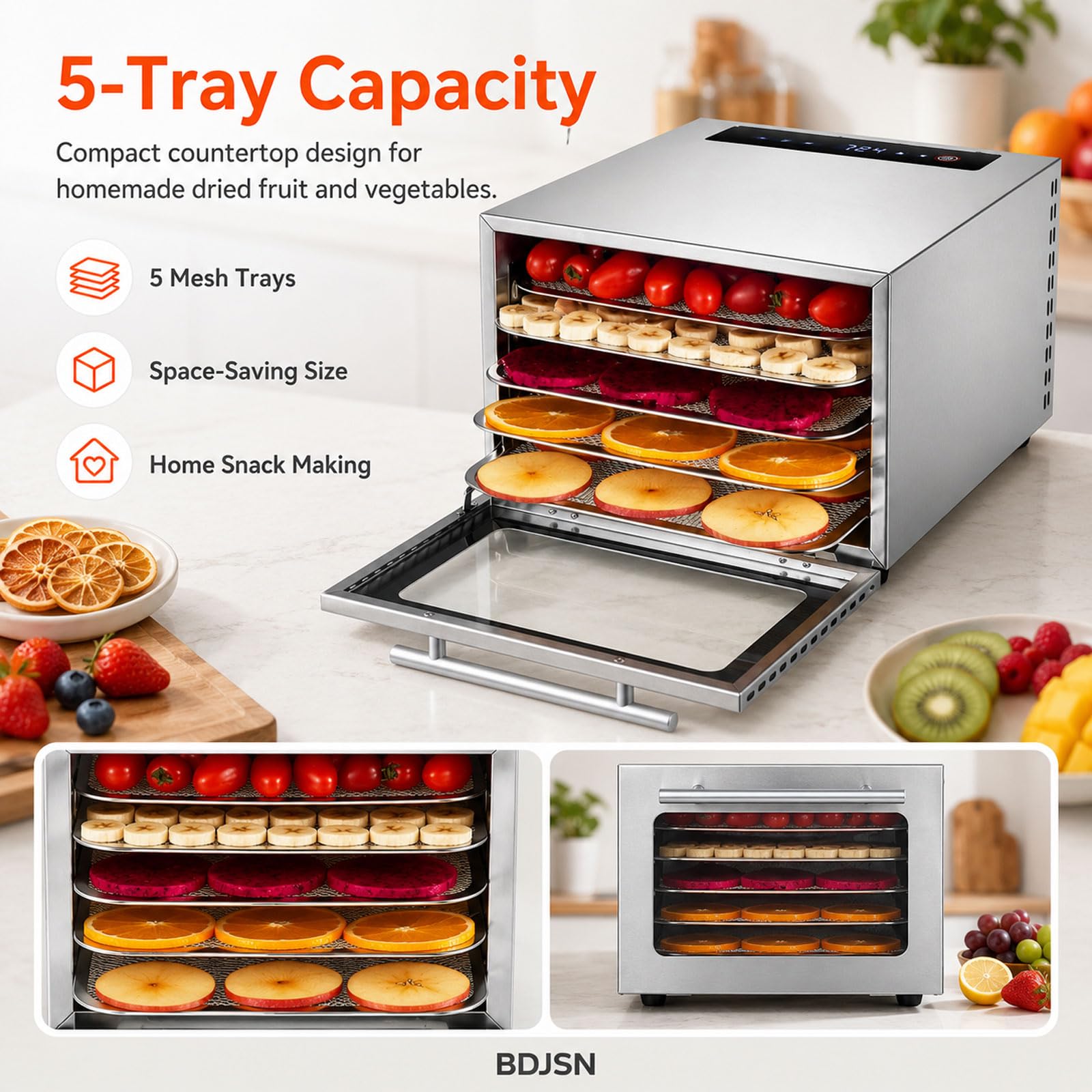 Deshidratador De Alimentos, Secador De Acero Inoxidable Con 5 Bandejas, Control Táctil Digital, Temperatura Ajustable De 20–90 °c, Temporizador De 24 H Y Puerta De Vidrio Para Carne Seca, Hierbas
