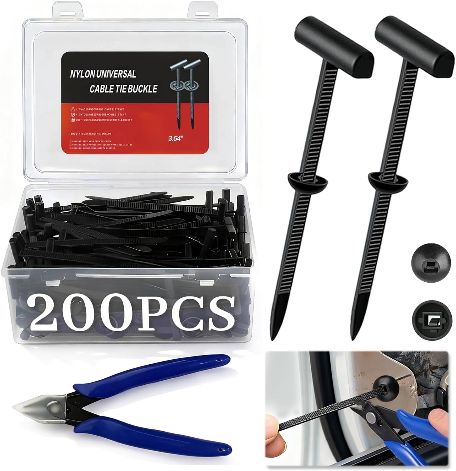 200PCS Car Fender Clips Push Rivets Retainer Kit – Nylon Cable Tie Buckle Zip Tie Fasteners with Flush Cutter & Storage Box for Auto Bumper, Engine Cover, Mudguard, Splash Guard Replacement