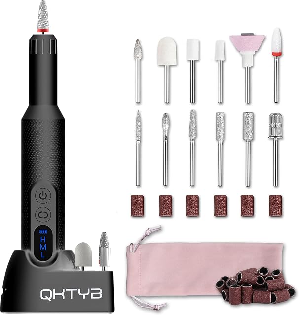 Cordless Electric Nail Drill 18000 RPM Electric Nail Files with Rechargeable Base 3 Speeds Portable Professional Efile Nail File Machine Pedicure Tool with Nail Drill Bits Sanding Bands