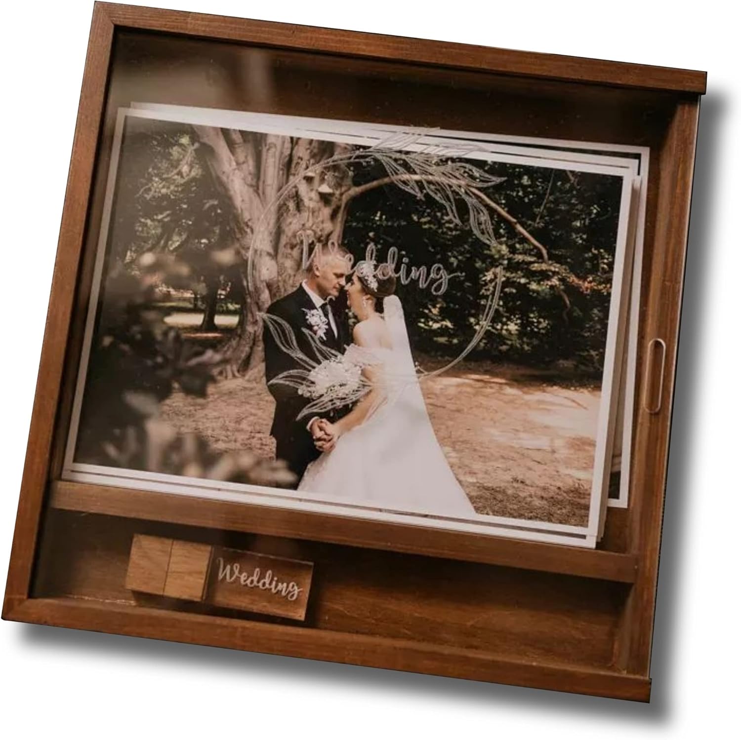 Personalized Wooden USB Flash Drive Photo Box with Sliding Lid - Custom Wedding Photo Box - Engraved Memory Keepsake Wood Storage Case Suitable for Wedding, Birthday, Anniversary, Couple Gift