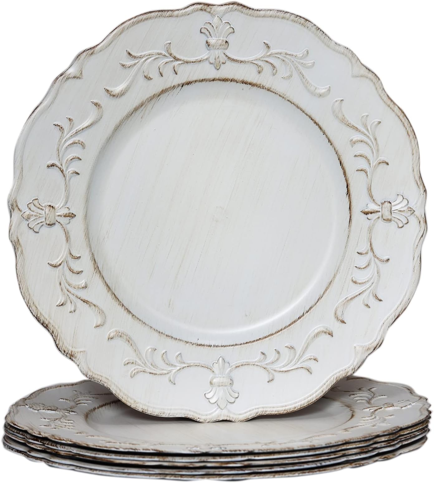 White Antique Charger Plate, 13" Embossed Plastic Table Plate Chargers for Dinner, Set of 6 Elegant Decorations for Wedding, Dining, Party Events.